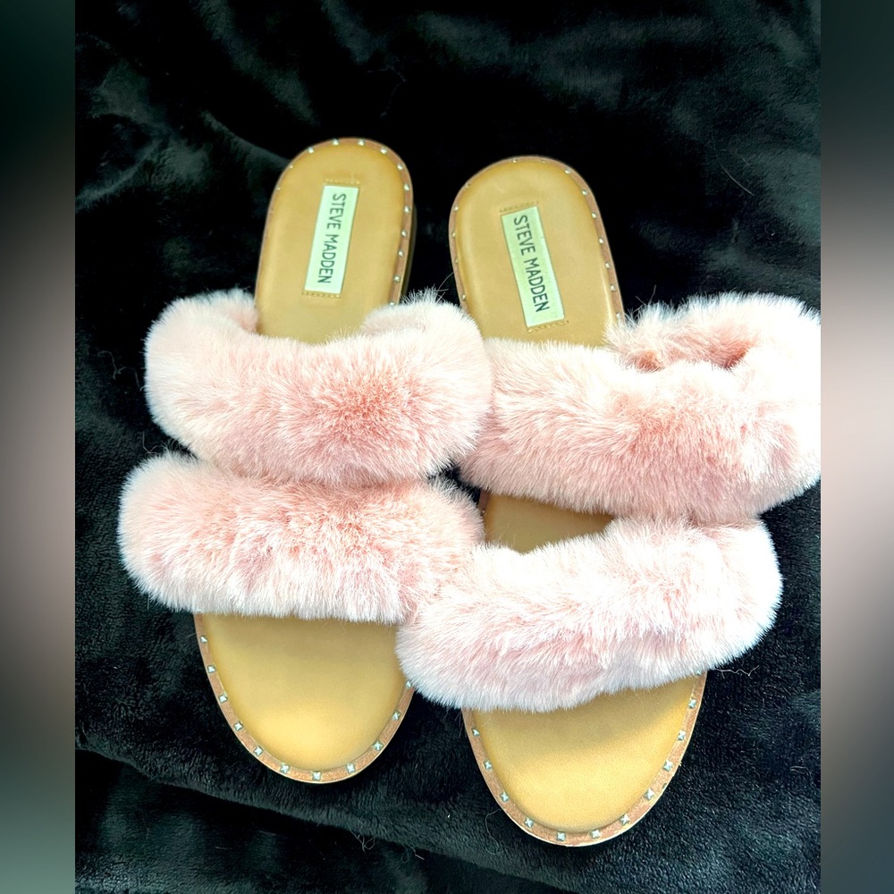 STEVE MADDEN Enite Slide Sandal Pink Faux Fur Furry Slip On Slippers Shoes 10